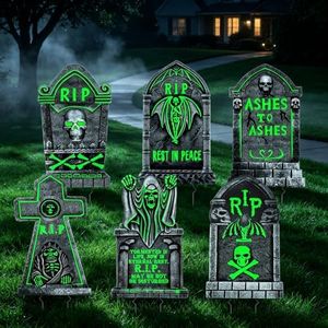 25" Large Halloween Tombstone Yard Decorations Glowing in The Dark, Plastic Cemetery Graveyard Grave Markers with Stakes, Waterproof Durable Outdoor Lawn Yard Decor for Haunted House Party