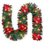 Christmas Stair Garland with Lights, 9FT/2.7M Wreath Fireplace Garlands Decorations with Lights, Flower and Ball for Fireplace Stairs Wall Door Xmas Tree Garden Yard Holiday Decor, Red