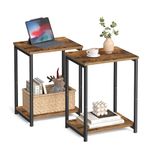 VASAGLE End Tables Set of 2, Side Tables with Storage Shelf, Slim Night Tables, Steel Frame, for Living Room, Study, Bedroom, Industrial, Rustic Brown and Black ULET272B01