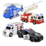 Emergency Vehicle Playset, 4 Pack 1:20 Ambulance Toys Friction Powered Vehicles with Light and Sound, Fire Truck, Ambulance Car, Play Police Car and Toy Helicopter, Kids Toys for Boys 2 3 4 5 6 Gift