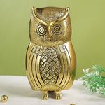 CraftVatika Metal Owl Decorative Statue Showpiece for Money Wisdom, Handmade Sculpture, Feng Shui Bird, Figurine, Uses for Living Room, Garden, Office Desk, Gold, 6.5 Inches Height