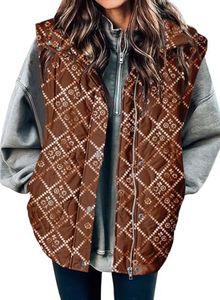 EVALESS Womens Fashion Cropped Puffer Vest Fall 2026 Lightweight Quilted Stand Collar Sleeveless Button Down Flower Jackets Winter Warm Coat Outerwear Gilet with Pockets Brown Large