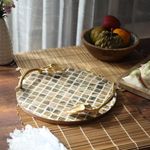 DULI Inlay Work Round Multipurpose Platter/Tray in MDF with Metal Golden Handles| Serving Tray for Home & Dining Table, Serving Platter Table Top Tray for Fruits (RoundPlatter- BrownPaan)