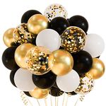 CHRORINE 50 Pack Black Gold Confetti Balloons 12 Inch White Black and Gold Balloons with Ribbons for Graduation Birthday Wedding Anniversary Party Decor