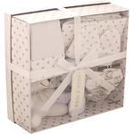 Newborn 7 Piece Luxury Boxed Gift Set, each box contains 1 x Teddy, 1 x Hat, 1 x Pair of Mittens, 2 x Wash Cloths, 1 x Pair of Socks and 1 x Burp Cloth