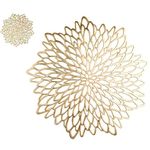 Snowkingdom Pairs of 18 Gold Metallic Round Placemats & Coasters 36 PCS Matching, Bulk Round Pressed Vinyl Leaf Dinning Kitchen Table Mats Decoration for Christmas Wedding Thanksgiving Party