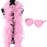 Feather Boas with Heart Rimless Sunglasses, 2M/6.6Ft Pink Feather Boa for Women, Fancy Dress for Hen Party, Dancing Ball, Pride, Hen Do, Stag Do, Halloween, Christmas, Cosplay (Pink)