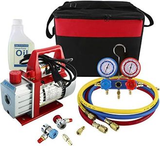 YaeKoo 110V 3CFM 1/4HP Single Stage Rotary Vane Air Vacuum Pump HVAC A/C Refrigeration Kit AC Manifold Gauge Set R134A R12 R22 R404A R410A with Carrying Bag/Tote