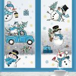 Yovkky 158 PCS Winter Snowman Window Clings 9 Sheets, Blue Truck Christmas Pine Tree Snowflakes Stickers Decals Decor, Xmas Gifts Candy Cane Holiday Home Kitchen Decorations