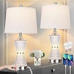 Modern Table Lamps, Set of 2 Table Lamp Night Light with 2 USB Charging Ports & AC Outlet, Bedside Nightstand Lamp White Shade for Living Room Bedroom Home Decor Silver(LED Bulbs Included)