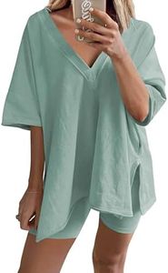 TAQCUX 2 Two Piece Outfits for Women Summer Oversized Workout V Neck T Shirts Biker Shorts Matching Sets(LightTeal-S)