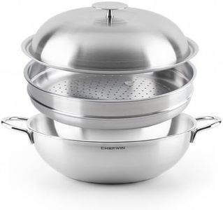 CHEFWIN 316 Stainless Steel Heavy Duty 12.6 inch 6.3 Quart Wok pan with Lid and Steamer, Stir Fry Pan, 5Ply, Induction Cookware, Dishwasher Safe, Oven Safe