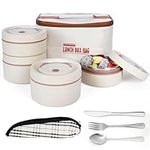 BELLE VOUS 5-Piece Portable Insulated Lunch Container Set with Cutlery - 4 Stainless Steel Leakproof Stackable Food Bento Boxes with Thermal Bag - Lunch Box Set for Adults/Students - Biege