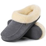 HomeTop Women's Moccasin Slip-on Slippers Soft Microsuede Clog Comfy Non-slip Memory Foam Indoor Outdoor House Shoes with Fuzzy Collar Foggy Gray, 7-8 US