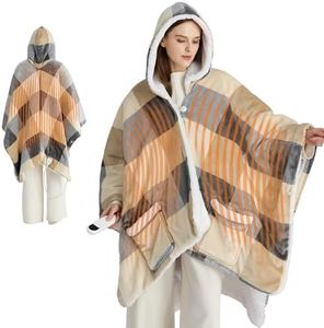 Bedsure Heated Blanket Wearable Shawl - Electric Wrap Poncho Blanket Hoodie Adult as Winter Gifts for Mom Women Girlfriend, Warm Sherpa Heating Throw, Auto Shut Off, 50x64 inches, Beige Plaid Pattern