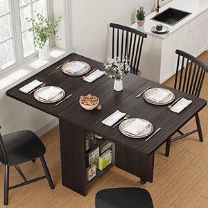 Space Saving Folding Dining Table with 2 Tier Storage-Extendable Drop Leaf Farmhouse Wood Kitchen Dining Room Tables Set for 4, Collapsible Expandable Rectangle Dinner Kitchen Office Furniture