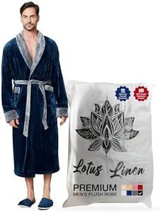 Lotus Linen Mens Plush Robe, Soft Hooded Long Robes for Men, Luxury mens bathrobes (US, Alpha, Large, Regular, Regular, Navy-Dark Grey Shawl)