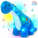 Houwsbaby LED Musical Dinosaur Stuffed Animal Floppy Singing Light Up Adorable Plush Toy Pillow Long Neck Lullaby Animated Soothe Birthday for Kids Toddlers, Blue, 13’’