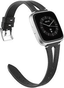 TOYOUTHS Leather Strap Compatible with Fitbit Versa/Versa 2/Versa Lite/Versa SE Bands for Women Men Genuine Leather Breathable Wristbands with Ventilated Hole Replacement Black+Silver Buckle