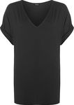 WearAll Women's New Plus Size Womens Short Turn Up Sleeve Baggy Plain Top Ladies V-Neck T-Shirt Black ML