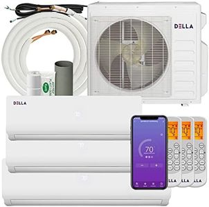 Della 27K BTU ODU Tri 3 Zone 9K 9K 18K BTU 19 SEER2 208-230V Cools Up to 1800 Sq.Ft Wifi Energy Efficient Multi Zone Ductless Mini Split Air Conditioner Pre-Charged Heat Pump Full Set