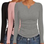 Ekouaer Women's Long Sleeve Shirts 3 Packs Henley Button Down Tops Ribbed Slim Fit Base Layer Soft Thermal Tee Black/Pink/Light Gray (3pcs) XXL