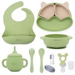 Kiddie tots Silicone Baby Feeding Set 10 Pieces - Kids Suction Plate with Silicone Bib - Toddler Plates and Bowls - Baby Led Weaning Supplies… (Olive Green)