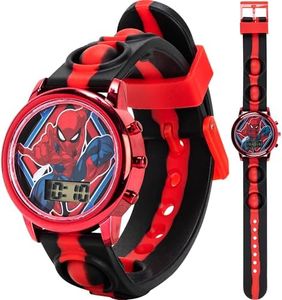 Accutime Marvel Spiderman Kids Digital LCD Wrist-Watch with Red, Green, and Yellow LED Light Show and Popper Strap for Boys, Girls, and Toddlers - Perfect for Learning Time and Fun