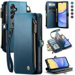 Defencase for Samsung Galaxy A15 5G Case, RFID Blocking for Samsung A15 5G Case Wallet with Card Holder for Women, Fashion PU Leather Magnetic Flip Zipper Strap Phone Case for Galaxy A15 5G, Lake Blue