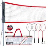 Franklin Sports Elite Badminton Volleyball Combo Net Set - Includes Volleyball,Badminton Rackets,Birdies, Poles/Net, Stakes, Ropes, Boundary Kit - Beach or Backyard Badminton - Easy Setup