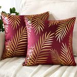 JOTOM Set of 2 Cushion Covers 45x45cm Velvet Decorative Throw Pillow Covers Gold Leaves Decorative Pillow Cases Bronzing Cushion Cover for Couch Bedroom Sofa Car Home Living Room Decor (Burgundy)