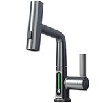 Homili Modern Digital Bathroom Sink Faucet Single Handle Pull-Down Kitchen Sink Faucet,with Pull-Down Spray,ThreeWater Outlet Modes (Grey)