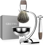 GRUTTI Shaving Set, Deluxe Chrome Razor and Brush Stand with Soap Bowl and Badger Hair Shaving Brush and Safety Razor (Double Edge & Badger Hair Version)