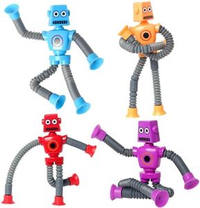 SYSAMA 4 Pcs Telescopic Suction Cup Robot Fidget Toy, Coolest Pop Tubes Sensory Toys for Toddlers, Educational Toys Robot Party Favors for Anxiety Kids for 3-9 Year Old Boys Girls