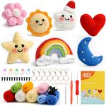 Beginner Crochet Kit with Yarn, Crochet Starter Kit for Adults Kids 7 Set Crochet Pendant for Beginners Include Videos Tutorials, Crochet Hook - Sun, Moon, Rainbow, Stars, Hearts, Clouds, Flower