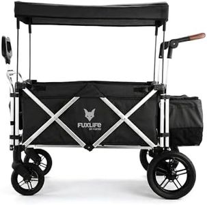 FUXLIFE Bollerwagen FX-CTL900 Schwarz - Premium faltbar • Kinder Transportwagen mit Sonnendach • gepolsterter Innenraum & 5-Punkt-Gurte • gefederte Räder • kompakt klappbarer Handwagen mit Kühltasche