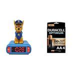 LEXIBOOK RL800PA Paw Patrol Digital Alarm Night Light-Snooze Function-Dog Sound Effects-for Children/Kids-Luminous Clock with Chase, Blue/Red+Duracell NEW Optimum AA Alkaline Batteries [Pack of 4]