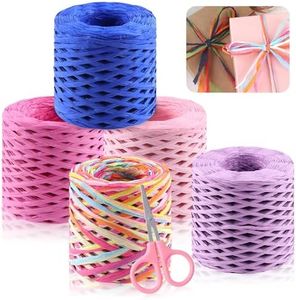 Mardatt 1 Roll Raffia Paper Ribbon with Scissors Set, 218 Yards Natural Raffia Paper Twine Wrapping Raffia Ribbons Florist Bouquets Decoration for DIY Crafts Wedding Packing(Rose Red)