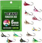 Vexan Ice Fishing Glow & Multi-Color Tungsten Jigs 12PK Perch, Walleye, Panfish (6 mm, 2.0g, #8 Hook)