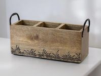 Craft Expertise "Rustic Wooden Spoon Holder Cutlery Stand - Handcrafted Mango Wood Organizer with Floral Design - Medium Size (11 x 4 x 3 inches) - Brown Kitchen Tool Storage Rack