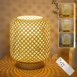 Klighten LED Table Lamp Rattan Natural Bamboo and Wood Indoor with Battery Wireless Table Lamp Battery Operated 5500 mAh Dimmable with Remote Control 3 Colour Temperatures 7 W with E27 Bulb