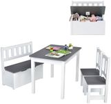 HONEY JOY 4-Piece Kids Table and Chair Set, Wood Activity Table with Toy Storage Bench & 2 Chairs, Toddler Table and Chair Set for Children Reading, Arts, Snack Time, Homework, Playroom (Grey)