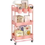 JIUYOTREE 3-Tier Plastic Rolling Storage Cart Utility Cart with Extra Hanging Cups Handles Lockable Wheels for Living Room Bathroom Kitchen Office Pink