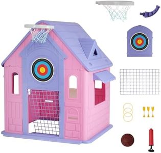 Kids Cottage Playhouse with Magnetic Dartboard, Basketball Hoop, Ring Toss & Soccer Goal – Indoor & Outdoor Playhouse