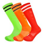 Marchare Boys Soccer Socks Toddler Athletic Socks 5-7 Years Knee High Striped Football Socks For Boys Girls Green/Orange/Red 3 Pairs