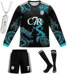 Boys Girls Kids Soccer Jersey #7 Uniform Set | 4-Piece Futbol Kit with Shorts, Socks and Necklace for Youth Children (Long Sleeve Green#7, 7-8 Years)