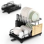 BTGGG 2 Tier Dish Rack Collapsible Dish Drainer Rack with Drip Tray, Large Draining Board Rack Sink Drainer Rack with Swivel Drainage Spout, Utensil, Cup & Cutting Board Holder for Kitchen Counter