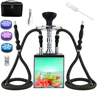 Upgraded Large Opening Design 2 Hose Hookah Set with Travel Bag and Cleaning Brush,Portable Micro Modern Cube Acrylic Hookah with Silicone Hookah Bowl Two Leather Hose Coal Tongs Aluminum Stem, Hookah with Remoted LED Light