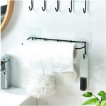 2 in 1 Self Adhesive Steel Toilet Paper Tissue Holder Stand with 5 Hook Utensil Mug/Cup Rail Design Wall Mount Kitchen Roll for Bathroom Hanging Shelve Storage Rack Hanger No Drill - Home (Black (2)