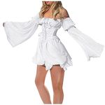 Dreamlascar Renaissance Mini Short Dress Women's Cold Shoulder Long Flare Sleeve Fancy Dress Costume, White, Medium